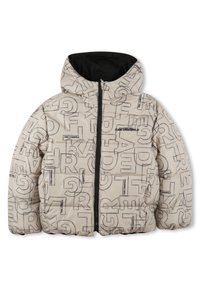 Polstret beige jakke med hette, med store sorte bokstaver og logoer, glidelås foran og elastiske mansjetter. Teksturert, isolert stoff.