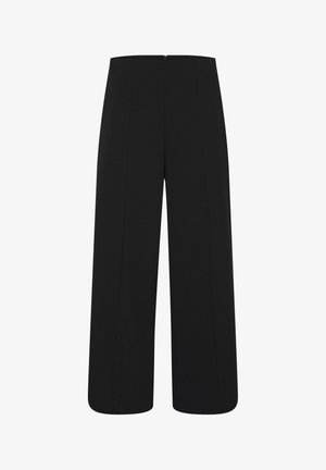 Melnas, augsta vidukļa platās bikses ar priekšpuses šuvi un slēptu rāvējslēdzēja aizdari jostasvietā.