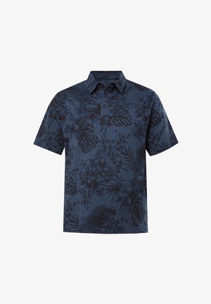 Koszulka polo z krótkim rękawem w ciemnoniebieskim kolorze z tonowanym kwiatowym wzorem, klasycznym kołnierzykiem, trzyguziową plisą i miękką teksturą.