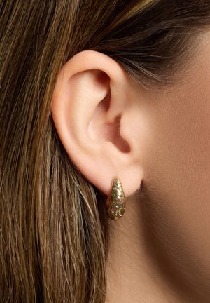 Goldfarbene Ohrringe mit einer strukturierten, länglichen Form, verziert mit bunten Edelsteinen. Vor dem Ohr platziert, welche die Details und den Glanz hervorheben.