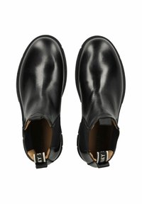 Stivali alla caviglia in pelle nera con una finitura liscia, pannelli elastici laterali e linguette per il sollevamento. Design slip-on con punta rotonda e suola in gomma.