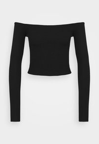 Svart ribbat off-shoulder crop top med långa ärmar, som har en figurnära design och textil med struktur.