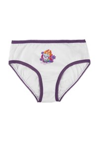 Mutande bianche di cotone con rifiniture viola, caratterizzate da un design cartoon di due cani e fiori. Materiale morbido e elastico con bordi di pizzo delicati.
