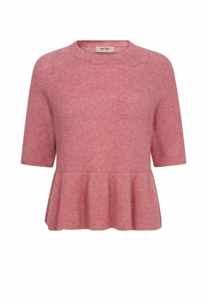 Roosa lühikeste varrukatega kootud kampsun ümmarguse kaelusega ja alt väljapoole lehvivate volangidega, silti MOS MOSH.