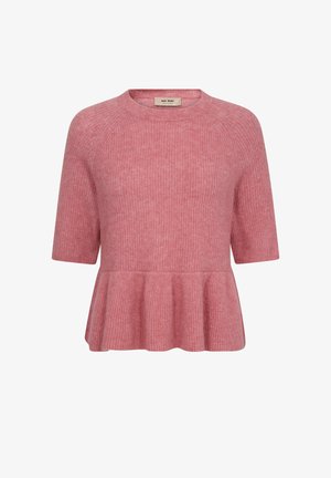 Roosa lühikeste varrukatega kootud kampsun ümmarguse kaelusega ja alt väljapoole lehvivate volangidega, silti MOS MOSH.