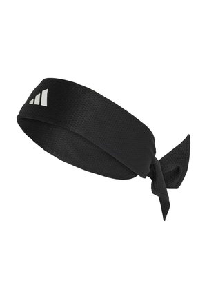 Black fabric headband with textured surface, featuring a knotted design and a small white logo accent. Lightweight and adjustable fit.