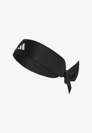 Czarna opaska na głowę z teksturowanej tkaniny, z węzłem i małym białym logo. Lekka i regulowana.
