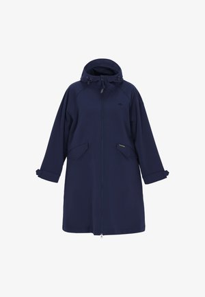 Granatowy długi płaszcz przeciwdeszczowy z kapturem, przednim zamkiem błyskawicznym, regulowanymi mankietami oraz dwoma przednimi kieszeniami na klapę.