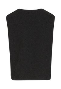 Veste sans manches en polaire noire texturée avec un col montant et un ourlet droit, vue de dos sur un fond blanc.