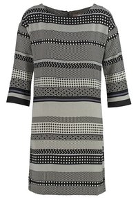 Robe à manches longues noire et blanche à motifs avec des rayures horizontales zigzag, pois et pied-de-poule, coupe droite et col rond.
