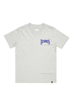 Grijze katoenen t-shirt met korte mouwen, voorzien van een blauwe "DCSHOES" grafiek op de borst. Klassiek ronde hals ontwerp, gladde textuur.