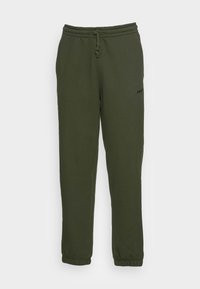 Olijfgroene sweatpants van zachte stof; heeft een elastische tailleband met een verstelbaar trekkoord en elastische boorden bij de enkels.