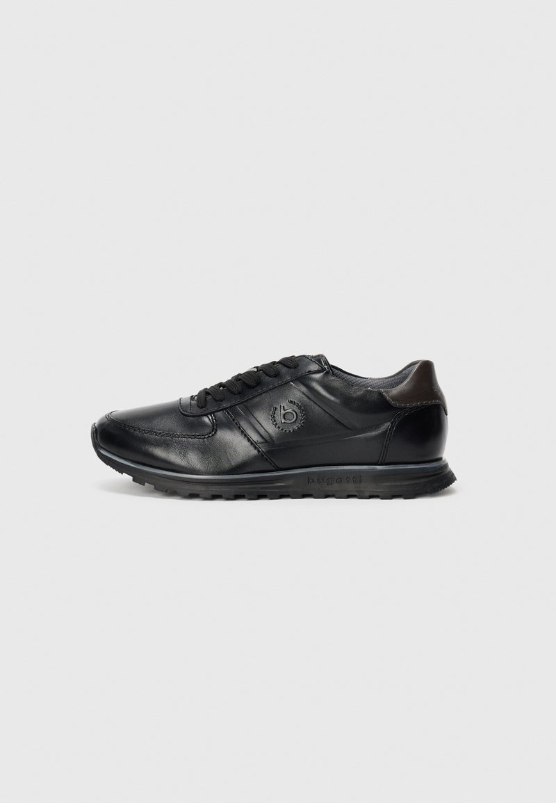 Black leather lace-up sneaker with textured sole, "bugatti" branding on side and heel, and decorative stitching details.