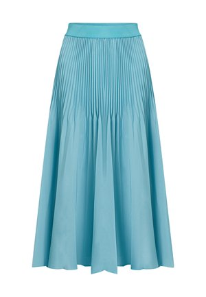 Pleated midi skirt in light blue. Features a wide waistband, flowing shape, and vertical pleats that add texture and movement.