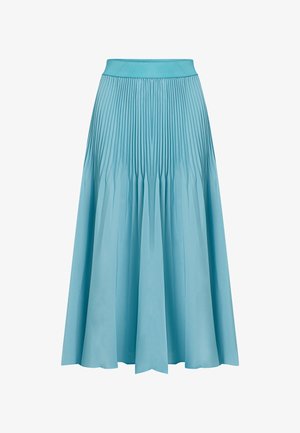 Saia midi pregueada em azul claro. Apresenta uma cintura larga, forma fluida e pregas verticais que acrescentam textura e movimento.