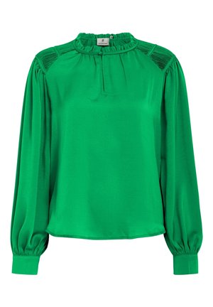 Grüne Bluse mit Rüschenausschnitt, langen Ärmeln und strukturierten Schulterdetails. Glatter Stoff mit einer lockeren Passform und gerafften Manschetten.