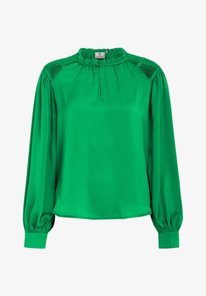 Zelená blúzka s volánovým výstrihom, dlhými rukávmi a textúrovanými detailmi na pleciach. Hladká tkanina s voľným strihom a gatherovými manžetami.