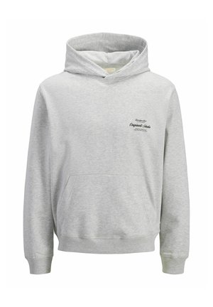 Sweat à capuche gris clair avec poche avant et petit logo texte noir sur la poitrine gauche.