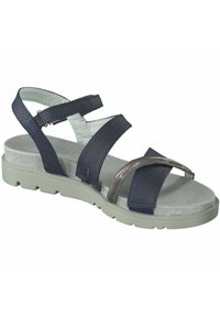 Sandale bleu marine avec des sangles perforées, accent argenté et semelle intérieure grise rembourrée. Dispose d'une semelle en caoutchouc flexible avec adhérence.