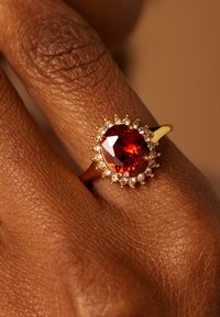 Goldring mit einem großen roten Edelstein, umgeben von kleinen klaren Steinen. Detaillierte Textur auf der Haut einer Hand, die den Ring hält.