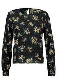 Mustapaita, jossa on pitkät hihat, keltaisia kukka- ja vihreitä saniaiskuvioita. Täydentää pyöreä pääntie ja selässä avainreikä nappisulku.