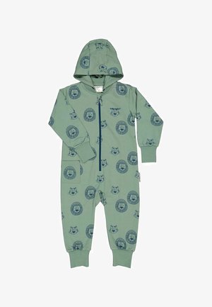 Vihreä puuvillakirppuvaate hupulla, jossa on sininen leijonakuosi. Siinä on edessä vetoketju ja sivutaskut, sekä ribbaatut hihnat nilkoissa.