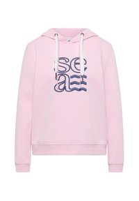 Sweat à capuche rose en coton doux, avec un motif frontal représentant "mer" et des lignes ondulées en bleu marine. Cordons réglables sur la capuche.
