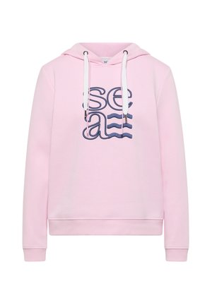 Vaaleanpunainen huppari, valmistettu pehmeästä puuvillasta, jossa etupuolella meriaiheinen grafiikka "sea" ja laivastonsiniset aaltoilevat viivat. Hupussa säädettävät kiristysnauhat.