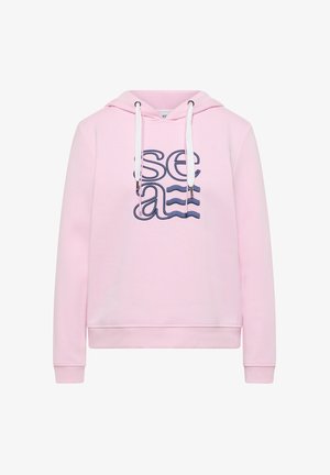 Vaaleanpunainen huppari, valmistettu pehmeästä puuvillasta, jossa etupuolella meriaiheinen grafiikka "sea" ja laivastonsiniset aaltoilevat viivat. Hupussa säädettävät kiristysnauhat.