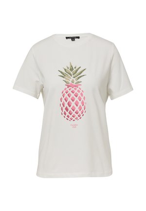 Weißes Baumwoll-T-Shirt mit einem rosa Ananas-Graphic und grünen Akzenten, kurzen Ärmeln und einer lockeren Passform. Der Text lautet "Paradise Club."