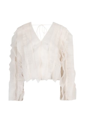 Witte blouse met lange mouwen en V-hals, doorzichtige verticale geplooide strepen, cropped lengte en striksluiting aan de achterkant van de halslijn.