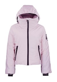 Doudoune rose clair avec capuche, dotée d'une fermeture éclair sur le devant, de poches latérales et d'accents noirs au niveau des poignets et des zips.