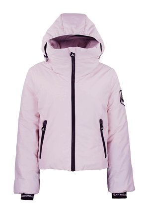 Doudoune rose clair avec capuche, dotée d'une fermeture éclair sur le devant, de poches latérales et d'accents noirs au niveau des poignets et des zips.