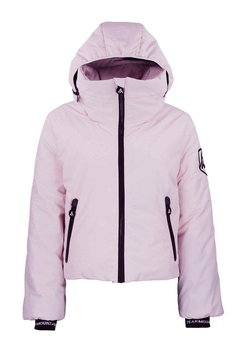 Doudoune rose clair avec capuche, dotée d'une fermeture éclair sur le devant, de poches latérales et d'accents noirs au niveau des poignets et des zips.