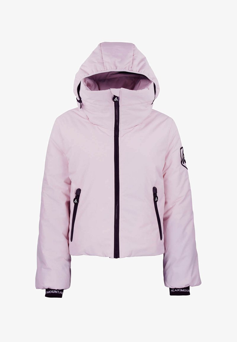 Doudoune rose clair avec capuche, dotée d'une fermeture éclair sur le devant, de poches latérales et d'accents noirs au niveau des poignets et des zips.