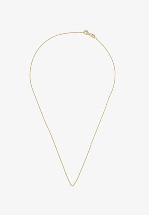 Halskette aus goldfarbenem Metall mit einer filigranen Kette, die eine V-Form aufweist und einen sicheren Verschluss auf der Rückseite hat. Einfaches und minimalistisches Design.