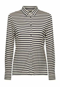 Camicia a maniche lunghe a righe con chiusura a bottoni, colletto e colori alternati blu navy e crema su un tessuto liscio.