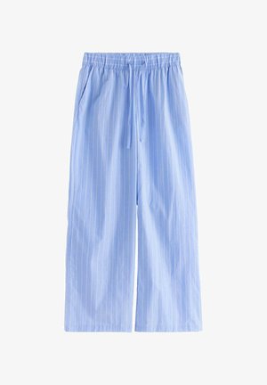 Pantaloni a gamba larga a righe blu chiaro con cintura elastica, due tasche laterali e coulisse per una vestibilità regolabile. Tessuto dalla texture morbida.
