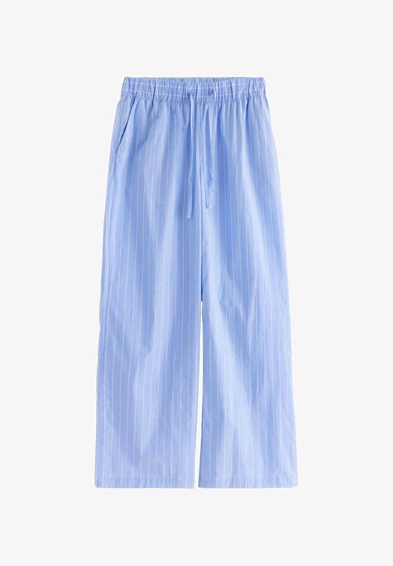 Ljusblå randiga vida byxor med elastisk midja, två sidofickor och dragsnodd för justerbar passform. Slät tygtextur.
