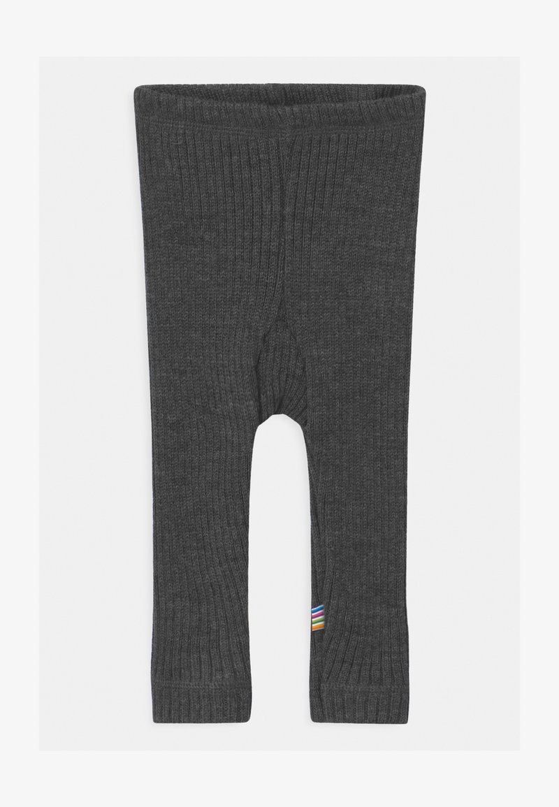Leggings lisos cinza escuro, com uma cintura elástica e um pequeno detalhe de risca multicolorida na barra. Tecido suave e design ajustado.