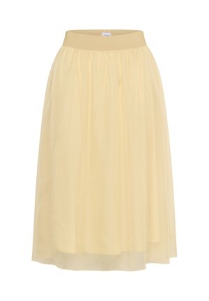 Gelber, knielanger Rock mit einem weichen, fließenden Design. Mit einem elastischen Bund und transparenter Textur versehen, schichtet er für zusätzliche Dimension.