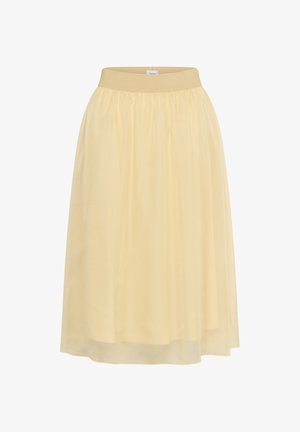 Kollane, põlvikuni seelik pehme ja voogava disainiga. Omab elastset vöökohta ja läbipaistvat tekstuuri, kihilised detailid lisavad sügavust.