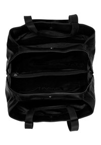 Bolso de cuero negro con dos compartimentos principales y cierres de cremallera. Cuenta con asas resistentes y una textura suave sin patrones visibles.