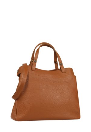 Bruine leren handtas met een gestructureerd ontwerp, dubbele handgrepen en een afneembare schouderband, met een textuur oppervlakte en minimale hardware.