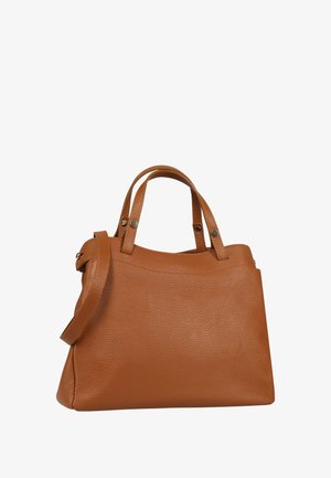 Sac à main en cuir brun présentant un design structuré, deux anses et une bandoulière amovible, avec une surface texturée et un matériel minimal.