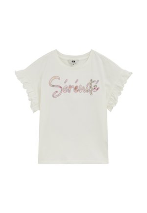 Weißes kurzärmeliges Hemd mit Rüschenärmeln und mehrfarbigem, floralem Schriftzug "Sérénité" auf der Vorderseite.