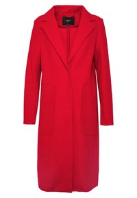 Rode wollen jas met lange mouwen, notch-kleppen, twee voorkanten zakken en een rechte silhouet. Getextureerde stof met een gladde afwerking.