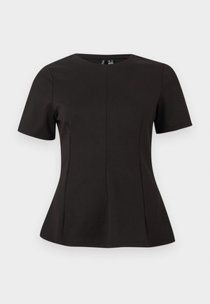 Haut noir ajusté à manches courtes avec encolure ronde et légère évasement à l'ourlet.