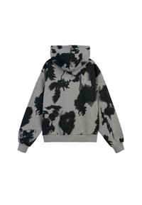 Szara bluza z kapturem z czarnym abstrakcyjnym wzorem tie-dye, długie rękawy oraz ściągacze na rękawach i dole, widok z tyłu.