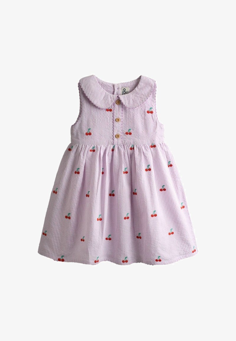 Robe sans manches rose clair pour tout-petit avec col Claudine, boutons en bois et imprimé cerises sur tissu texturé.